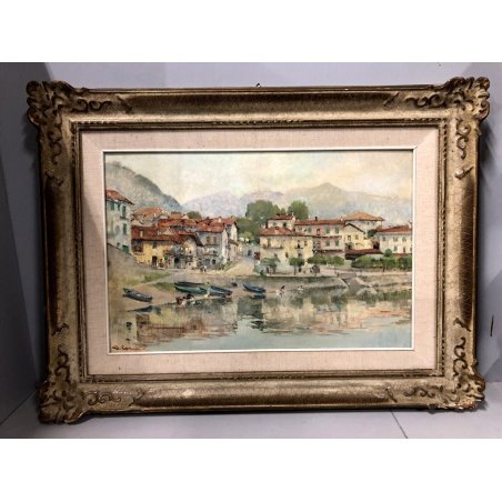 QUADRO DIPINTO OLIO TAVOLA Alfonso Corradi Lungo lago Feriolo PAESAGGIO LACUSTRE