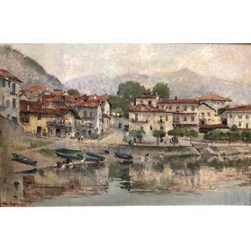 QUADRO DIPINTO OLIO TAVOLA Alfonso Corradi Lungo lago Feriolo PAESAGGIO LACUSTRE