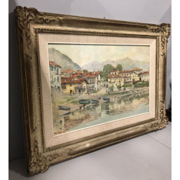 QUADRO DIPINTO OLIO TAVOLA Alfonso Corradi Lungo lago Feriolo PAESAGGIO LACUSTRE