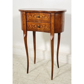 ANTICO COMODINO FAGIOLO LEGNO INTARSIATO DUE CASSETTI EPOCA 1900 CAMERA LETTO