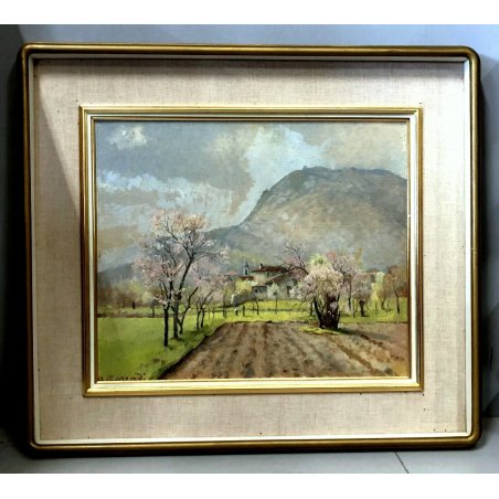 QUADRO DIPINTO OLIO TAVOLA Alfonso Corradi "Primavera a Feriolo" PAESAGGIO VALLE