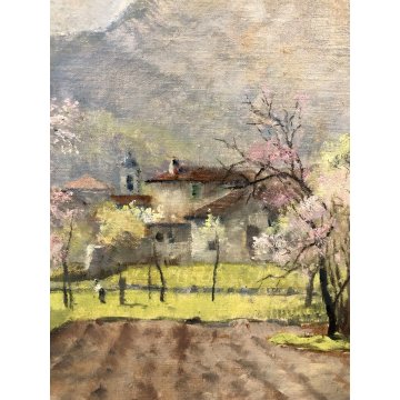 QUADRO DIPINTO OLIO TAVOLA Alfonso Corradi "Primavera a Feriolo" PAESAGGIO VALLE