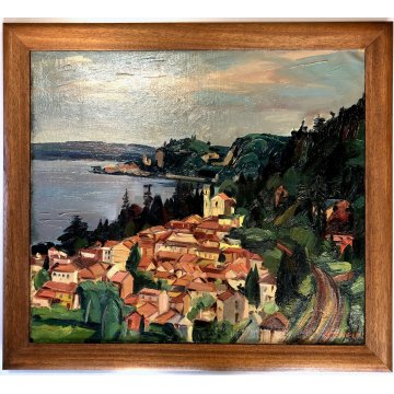 QUADRO OLIO TELA Carlo Monti VEDUTA PAESAGGIO Meina ROCCA Arona LAGO MAGGIORE