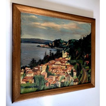 QUADRO OLIO TELA Carlo Monti VEDUTA PAESAGGIO Meina ROCCA Arona LAGO MAGGIORE