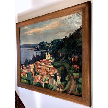 QUADRO OLIO TELA Carlo Monti VEDUTA PAESAGGIO Meina ROCCA Arona LAGO MAGGIORE