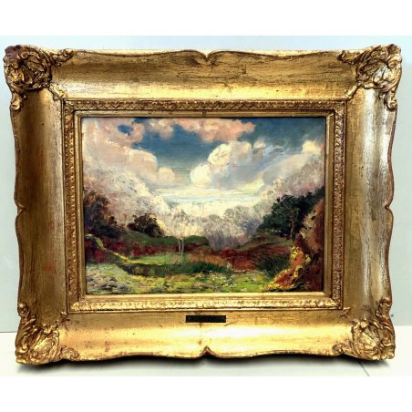 QUADRO OLIO TAVOLA A. TAVERNIER VEDUTA PAESAGGIO MONTANO ALTURE LAGO MAGGIORE