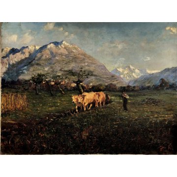 GRANDE QUADRO OLIO PAESAGGIO MONTANO ALPI CONTADINI ARATRO BUOI Masera FORMAZZA