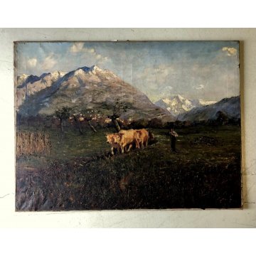 GRANDE QUADRO OLIO PAESAGGIO MONTANO ALPI CONTADINI ARATRO BUOI Masera FORMAZZA