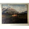 GRANDE QUADRO OLIO PAESAGGIO MONTANO ALPI CONTADINI ARATRO BUOI Masera FORMAZZA