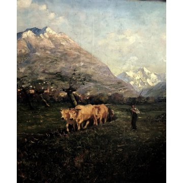 GRANDE QUADRO OLIO PAESAGGIO MONTANO ALPI CONTADINI ARATRO BUOI Masera FORMAZZA