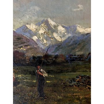 GRANDE QUADRO OLIO PAESAGGIO MONTANO ALPI CONTADINI ARATRO BUOI Masera FORMAZZA