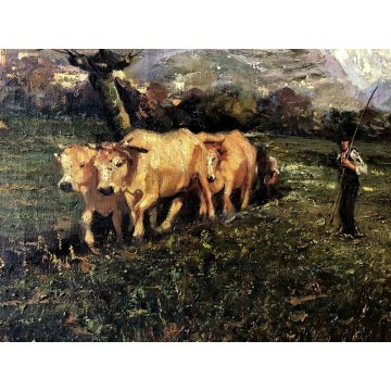 GRANDE QUADRO OLIO PAESAGGIO MONTANO ALPI CONTADINI ARATRO BUOI Masera FORMAZZA