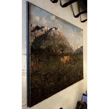 GRANDE QUADRO OLIO PAESAGGIO MONTANO ALPI CONTADINI ARATRO BUOI Masera FORMAZZA