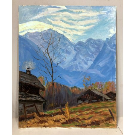 QUADRO DIPINTO OLIO TAVOLA Carlo Coppo Tramonto a Pecetto PAESAGGIO MONTANO '900