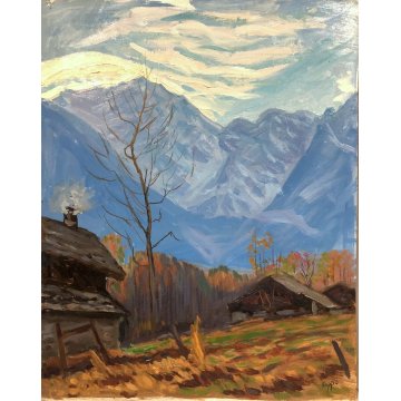 QUADRO DIPINTO OLIO TAVOLA Carlo Coppo Tramonto a Pecetto PAESAGGIO MONTANO '900
