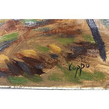 QUADRO DIPINTO OLIO TAVOLA Carlo Coppo Tramonto a Pecetto PAESAGGIO MONTANO '900
