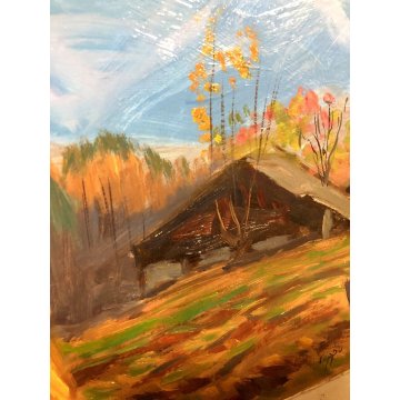 QUADRO DIPINTO OLIO TAVOLA Carlo Coppo Tramonto a Pecetto PAESAGGIO MONTANO '900