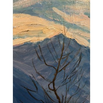 QUADRO DIPINTO OLIO TAVOLA Carlo Coppo Tramonto a Pecetto PAESAGGIO MONTANO '900