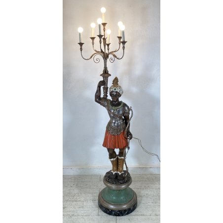 LAMPADA DA TERRA MORETTO VENEZIANO STATUA BAROCCA MORO LEGNO DIPINTO 7 LUCI 1900