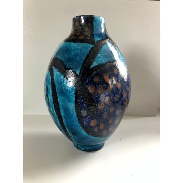 VASO  GRES Carlo Zauli CERAMICA Faenza DECORAZIONE ASTRATTA SMALTO BLU NERO '60