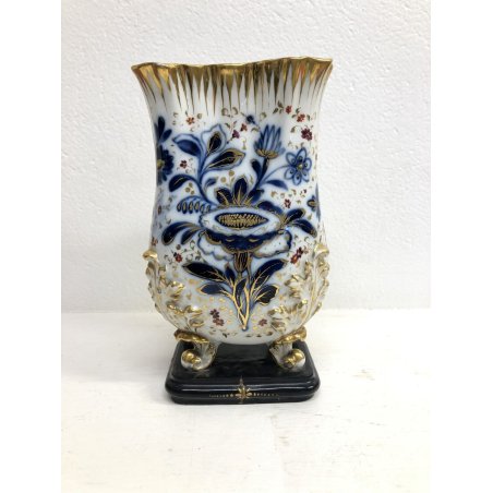 ANTICO VASO PORCELLANA BIANCA Roccocò DECORO BLU ORO ZECCHINO 4 PIEDI FOGLIATI