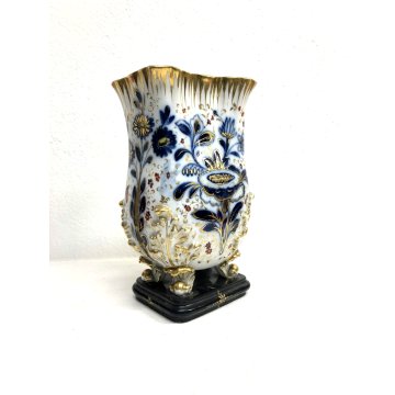 ANTICO VASO PORCELLANA BIANCA Roccocò DECORO BLU ORO ZECCHINO 4 PIEDI FOGLIATI