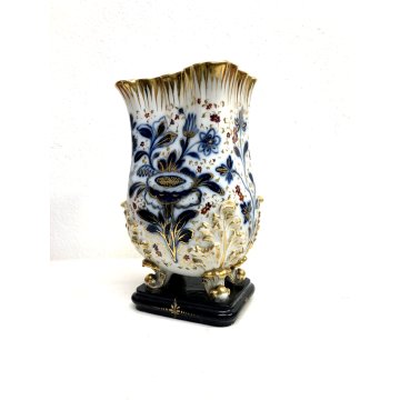 ANTICO VASO PORCELLANA BIANCA Roccocò DECORO BLU ORO ZECCHINO 4 PIEDI FOGLIATI