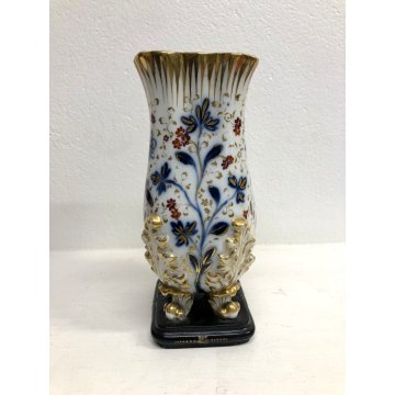 ANTICO VASO PORCELLANA BIANCA Roccocò DECORO BLU ORO ZECCHINO 4 PIEDI FOGLIATI