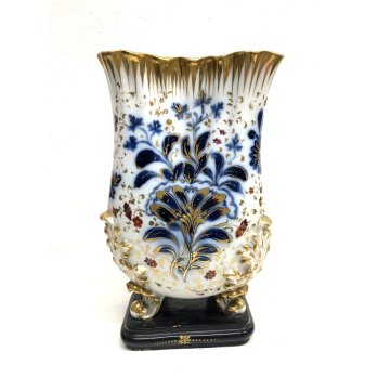 ANTICO VASO PORCELLANA BIANCA Roccocò DECORO BLU ORO ZECCHINO 4 PIEDI FOGLIATI