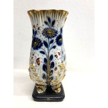 ANTICO VASO PORCELLANA BIANCA Roccocò DECORO BLU ORO ZECCHINO 4 PIEDI FOGLIATI