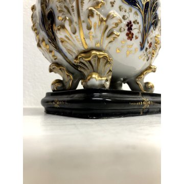 ANTICO VASO PORCELLANA BIANCA Roccocò DECORO BLU ORO ZECCHINO 4 PIEDI FOGLIATI