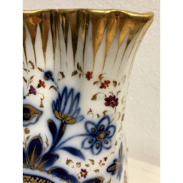 ANTICO VASO PORCELLANA BIANCA Roccocò DECORO BLU ORO ZECCHINO 4 PIEDI FOGLIATI