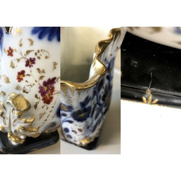 ANTICO VASO PORCELLANA BIANCA Roccocò DECORO BLU ORO ZECCHINO 4 PIEDI FOGLIATI