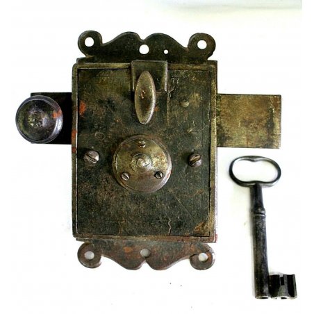 GRANDE RARA ANTICA SERRATURA ferro battuto con CHIAVE 1600 DOOR LOCK IRON KEY   
