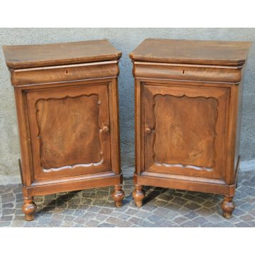 ANTICA COPPIA COMODINO CAPPUCCINO epoca 800 LEGNO NOCE SCOLPITO OLD NIGHTSTANDS