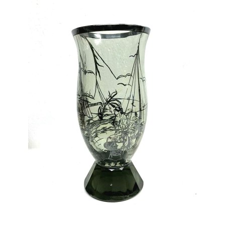 ANTICO VASO VETRO FUME' MURANO LIBERTY DECORO LAMINA ARGENTO ISTORIATO EPOCA '30