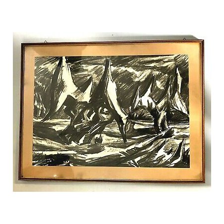 QUADRO DISEGNO TECNICA MISTA PAESAGGIO ASTRATTO DESERTO ROCCE ALBERI FIRMATO 900