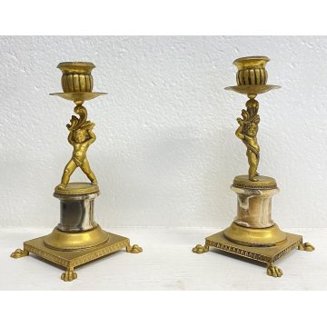 ANTICA COPPIA CANDELABRO PUTTI ARGENTO VERMEIL 800 CANDELIERE PORTA CANDELA LUMI