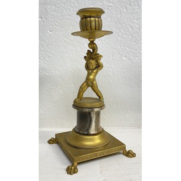 ANTICA COPPIA CANDELABRO PUTTI ARGENTO VERMEIL 800 CANDELIERE PORTA CANDELA LUMI