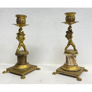 ANTICA COPPIA CANDELABRO PUTTI ARGENTO VERMEIL 800 CANDELIERE PORTA CANDELA LUMI