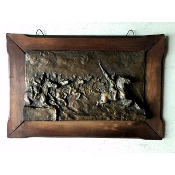 ANTICA PLACCA SCULTURA BASSORILIEVO BRONZO B. Rizzi SCENA BATTAGLIA CAVALLO '800