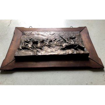 ANTICA PLACCA SCULTURA BASSORILIEVO BRONZO B. Rizzi SCENA BATTAGLIA CAVALLO '800