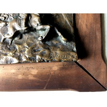 ANTICA PLACCA SCULTURA BASSORILIEVO BRONZO B. Rizzi SCENA BATTAGLIA CAVALLO '800