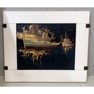 QUADRO DIPINTO OLIO ASTRATTO Enrico Villani PAESAGGIO MARINA NOTTURNO BARCHE '70