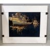 QUADRO DIPINTO OLIO ASTRATTO Enrico Villani PAESAGGIO MARINA NOTTURNO BARCHE '70