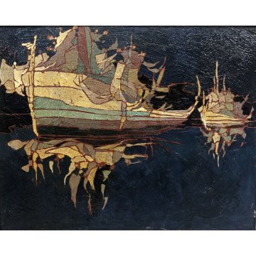 QUADRO DIPINTO OLIO ASTRATTO Enrico Villani PAESAGGIO MARINA NOTTURNO BARCHE '70