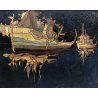 QUADRO DIPINTO OLIO ASTRATTO Enrico Villani PAESAGGIO MARINA NOTTURNO BARCHE '70