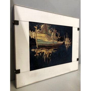 QUADRO DIPINTO OLIO ASTRATTO Enrico Villani PAESAGGIO MARINA NOTTURNO BARCHE '70