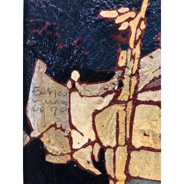 QUADRO DIPINTO OLIO ASTRATTO Enrico Villani PAESAGGIO MARINA NOTTURNO BARCHE '70