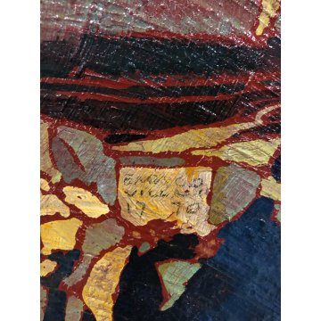 QUADRO DIPINTO OLIO ASTRATTO Enrico Villani PAESAGGIO MARINA NOTTURNO BARCHE '70